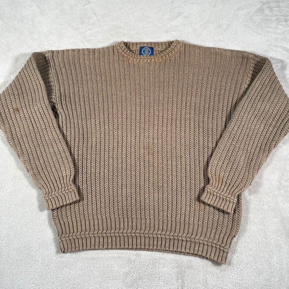 Vintage Gap Knit Sweater Men's Medium Tan Ramie Cotton Blend Fisherman Crewneck